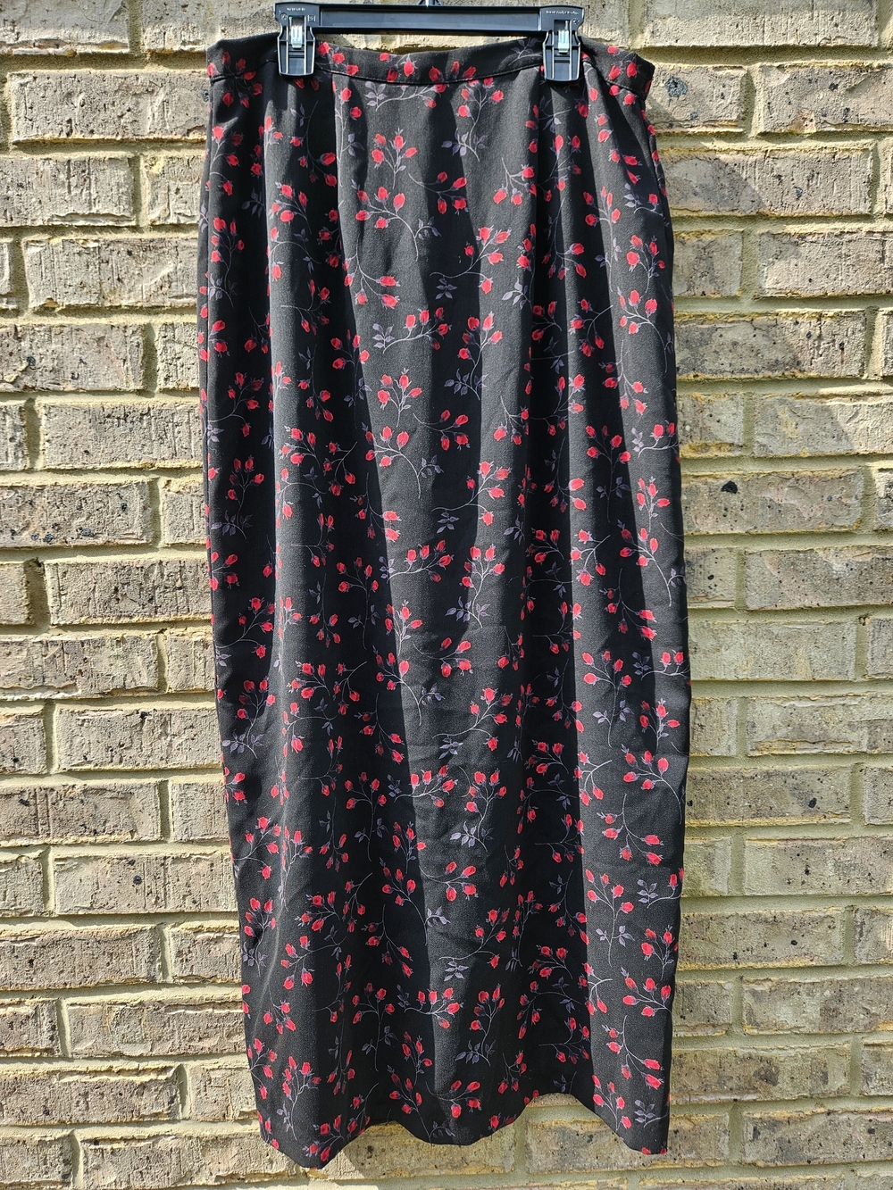 Vintage Black Maxi Skirt with Red Floral Print